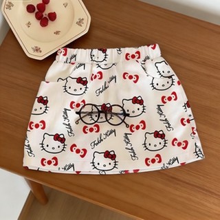 Váy ngắn bé gái, váy bé gái in hình mèo KT toàn thân mùa hè, đa năng và sành điệu, có lớp lót bên t