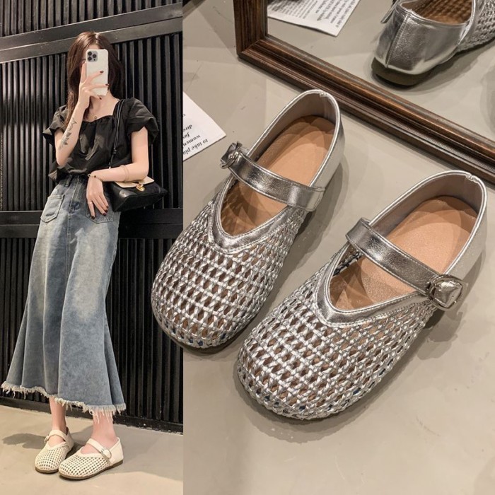 Giày Mary Jane Nữ Đế Bằng Mềm Dây Lưới Dệt Lưới Cá Giày Xăng Đan