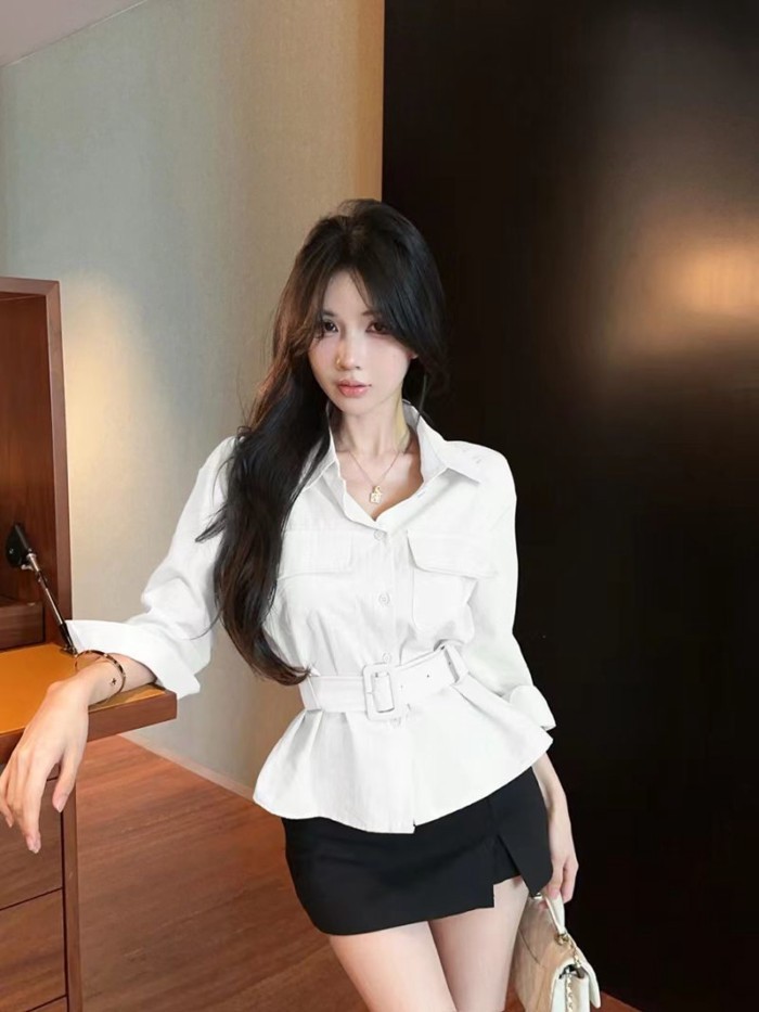 Retro sang trọng cao cấp cổ POLO ba phần tư tay áo sơ mi ôm dành cho nữ thiết kế xuân thu eo