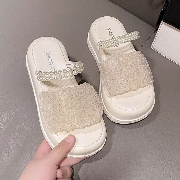 Dép đế dày phong cách mùa hè nhẹ nhàng, đa năng, chống trơn trượt, thời trang, lưới ngọc trai, dép