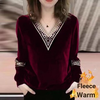 Plus Size Nữ Vàng Nhung Top 2022 Thu Đông Rời Ôm Hơn Nhìn Bao Thịt Dài Tay Cổ Chữ v Đáy