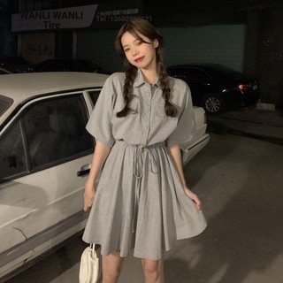 Plus Size Đầm Mùa Hè Plus Kích Thước Váy Ngắn Cổ Áo polo Dây Rút Eo Hẹp Mỡ mm1-150kg Rời Ôm Hơn Nhìn Tay Ngắn Giảm Tuổi Đầm Plus Size Nữ