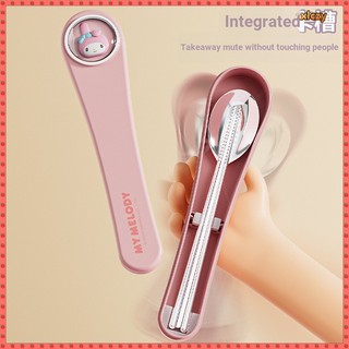[Vận chuyển nhanh]✨ Bộ dao kéo bằng thép không gỉ Bộ dao kéo di động Bộ thìa Sanrio Đũa Bộ tai lớn Chó Kuromi Phim hoạt hình Bộ dao kéo di động dễ thương