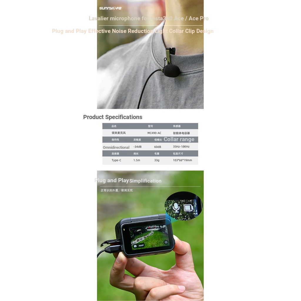 Sunnylife Thích Hợp Cho Insta360 Ace PRO 2 / 1 Lavalier Micro Ghi Âm Giao Diện TypeC