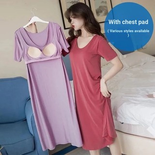 Váy Ngủ Nữ Mùa Hè Có Miếng Lót Ngực Tay Ngắn Mỏng Phong Cách Bộ Đồ Ngủ Một Mảnh Rời Dài Over-the-Knee Gợi Cảm Homewear Có Thể Mặc Bên Ngoài