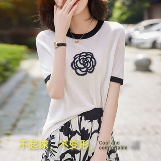 2022 Thiết Kế Mùa Hè Áo Thun Nữ Camellia Thêu Băng Lụa Tay Ngắn Rời Tất Cả Trận Đấu Mỏng Hơn Nhìn