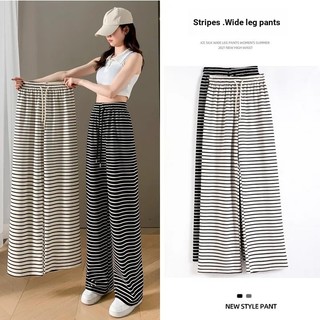 Mùa Hè Băng Lụa Sọc Rộng Quần Nữ Ôm Hơn Nhìn Thẳng Cao Cấp Đen Trắng Sọc Quần Drap Sàn Lau Quần Thường Ngày