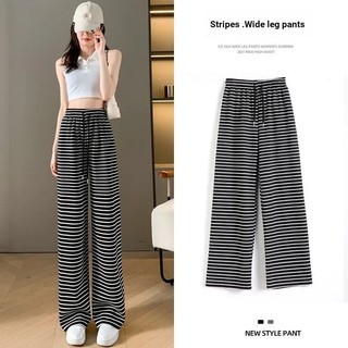 Mùa Hè Băng Lụa Sọc Rộng Quần Nữ Ôm Hơn Nhìn Thẳng Cao Cấp Đen Trắng Sọc Quần Drap Sàn Lau Quần Thường Ngày