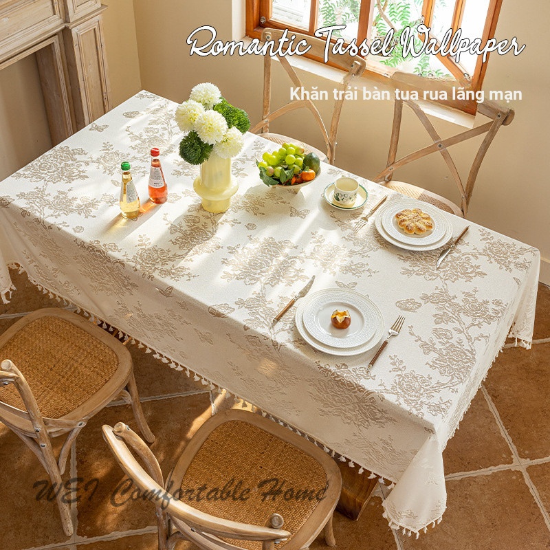 Pháp Nhẹ Sang Trọng Tua Rua Jacquard Khăn Trải Bàn Nhà Hàng Chống Bụi Khăn Trải Bàn Hình Chữ Nhật Bao Vải Toàn Bộ