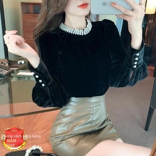 Áo Nhung Tay Dài Cổ Tròn Dáng Rộng Đính Ngọc Trai Thời Trang Hàn Quốc Cho Nữ