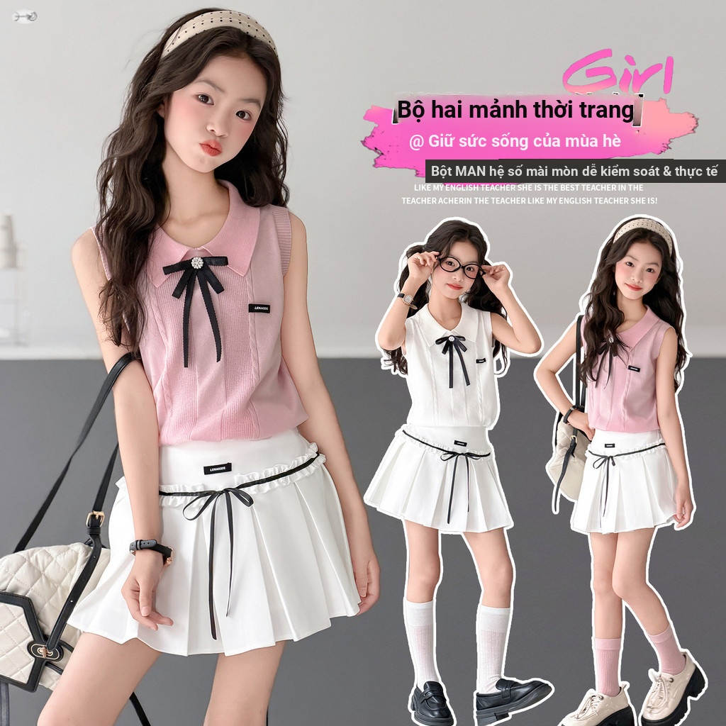 Bé Gái Mùa Hè Preppy Phong Cách Nơ Băng Lụa Áo polo 2026 Phong Cách Mới Trẻ Em Ngọt Ngào Không Tay Top