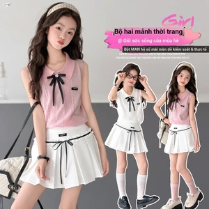 Bé Gái Mùa Hè Preppy Phong Cách Nơ Băng Lụa Áo polo 2026 Phong Cách Mới Trẻ Em Ngọt Ngào Không Tay Top