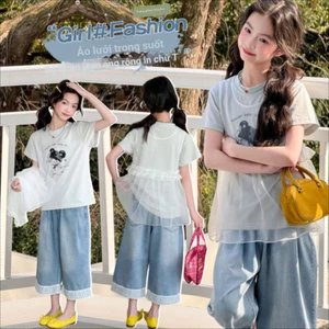 Quần Denim mùa hè cho bé gái 2026 Phong cách mới Trẻ em khâu ren Quần dài đến mắt cá chân