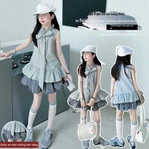 Áo Sơ Mi Sọc Dọc Bé Gái Mùa Hè 2026 Phong Cách Mới Trẻ Em Không Tay Thời Trang Top