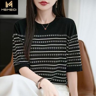 Sọc Dệt Kim Tay Ngắn Mùa Hè Nữ Phong Cách Mới Rỗng Rời Màn Hình Thiết Kế Đi Lại Đơn Giản Cổ Tròn Top 2025