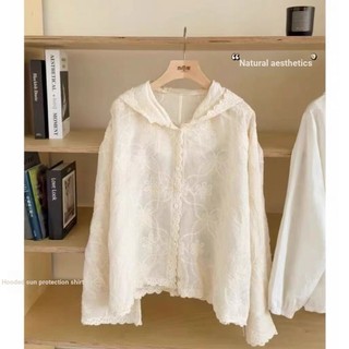 Phong Cách Hàn Quốc Nữ Nữ Rời Vintage Ren Thêu Hoa Có Mũ Trùm Đầu Áo Sơ Mi Tay Dài Áo