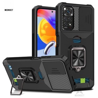 Dành cho Redmi Note 11 / 11S / 11 Pro (4G / 5G) Ốp lưng có nắp máy ảnh trượt Giá đỡ thẻ Vòng chân đế Bảo vệ hạng nặng Vỏ mỏng mỏng mỏng