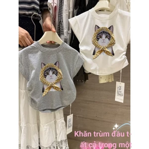 Áo Thun Nữ Tay Ngắn Mùa Hè 2025 Phong Cách Mới Trẻ Em Phiên Bản Hàn Quốc Hoạt Hình Mèo Con Cổ Tròn Nửa Tay Bé Gái Thời Trang Top