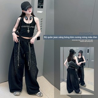 Bộ đồ kim cương nóng thời trang bé gái 2025 Phong cách mới Phiên bản Hàn Quốc Thời trang trẻ em Áo Vest + Quần jean Bộ đồ hai mảnh