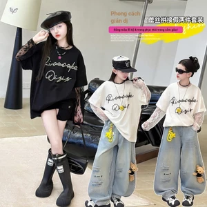 Áo thun dài tay bé gái 2026 Mùa xuân Phong cách mới Trẻ em Ren khâu chữ Hot Diamond Top