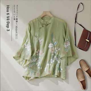 Áo sơ mi nữ đứng cổ phong cách retro, thêu nút trà, mát mẻ mùa hè