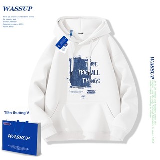 Áo hoodie WASSUP, áo hoodie có mũ với họa tiết chữ thời trang, 100% cotton, dáng rộng, unisex