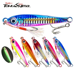Mồi câu cá Jig kim loại 7g 10g 15g 20g 30g 40g 60g Thìa kim loại cứng chìm phát sáng Mồi nhân tạo đúc dài với mắt 3D và móc Treble.