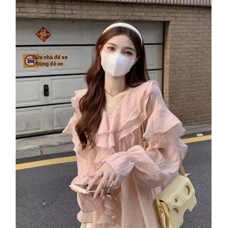 Thời Trang Hàn Quốc Nữ Tay Dài retro Rời Cổ Chữ v Cổ Thường ruffle Áo Sơ Mi Áo