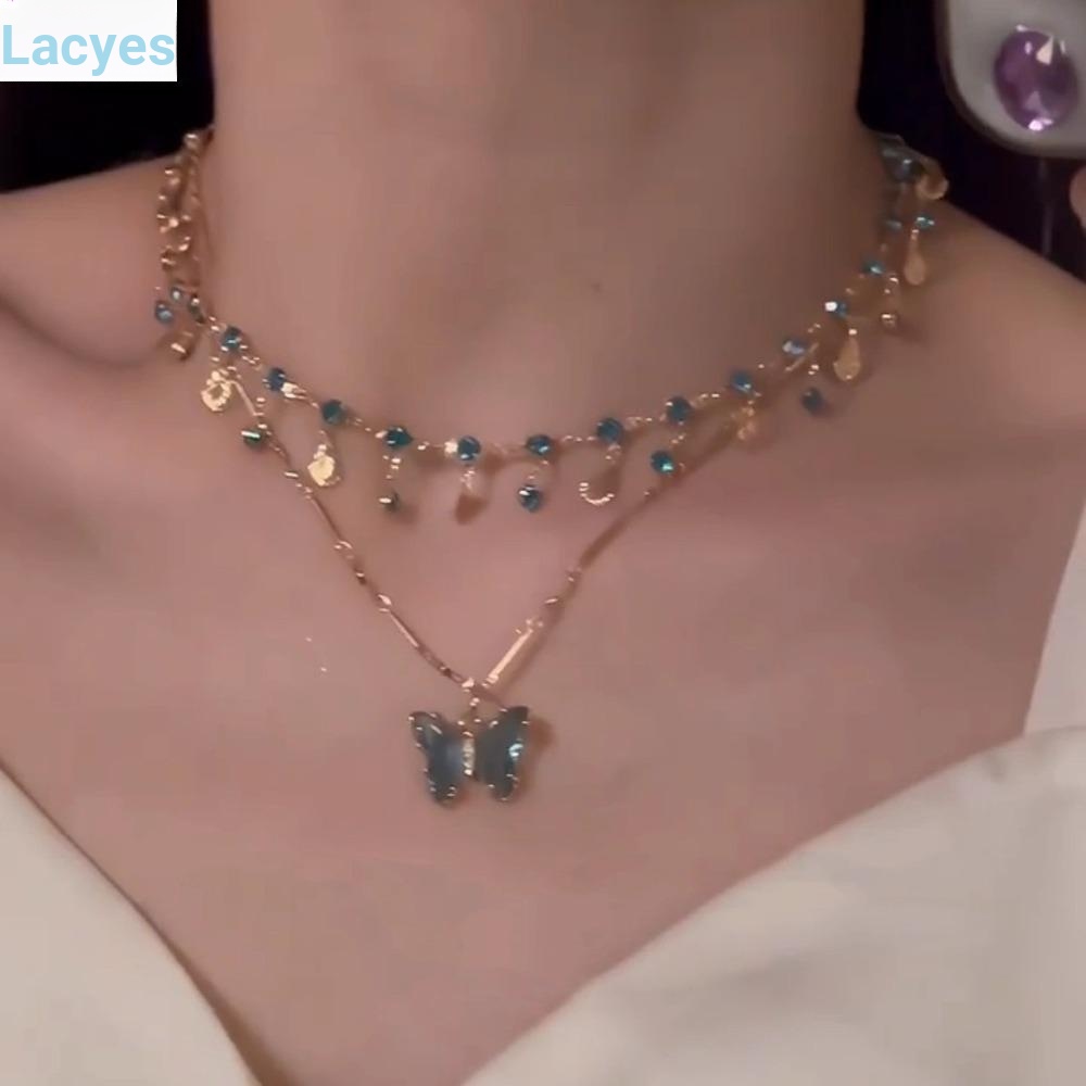 Vòng Cổ Bướm LACYES, Dây Xích Xương Đòn Tua Rua Zircon, Trang Sức Thanh Lịch Hai Lớp Kim Cương Giả Sáng Bóng Tiệc