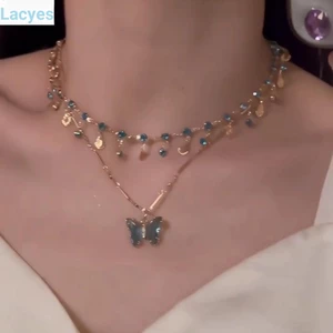 Vòng Cổ Bướm LACYES, Dây Xích Xương Đòn Tua Rua Zircon, Trang Sức Thanh Lịch Hai Lớp Kim Cương Giả Sáng Bóng Tiệc