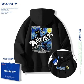 Áo hoodie WASSUP, áo hoodie có mũ với họa tiết mèo sao, 100% cotton, dáng rộng, unisex
