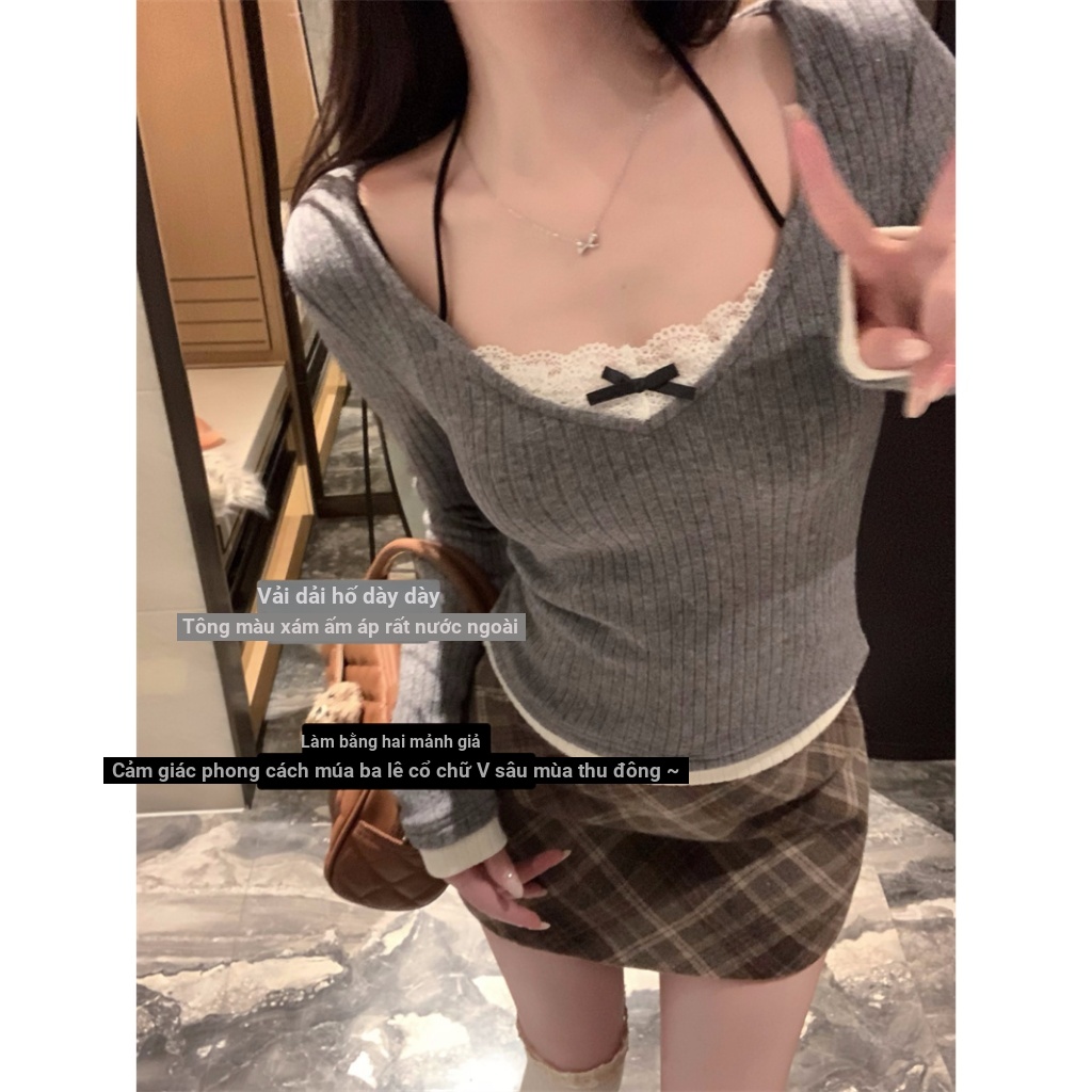 【BANKO】Áo Thun Tay Dài Giả Hai Mảnh Phối Ren Dáng Ôm Thời Trang Cho Bạn Nữ