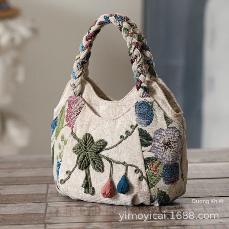 Túi vải bố nữ 66789|phong cách dân tộc|túi xách nhỏ đan tay|cao 20cm rộng 30cm dày 10cm|túi cầm tay thủ công hồ lô vải phong cách cổ điển|nhẹ và tiện dụng|túi đi chợ cho mẹ