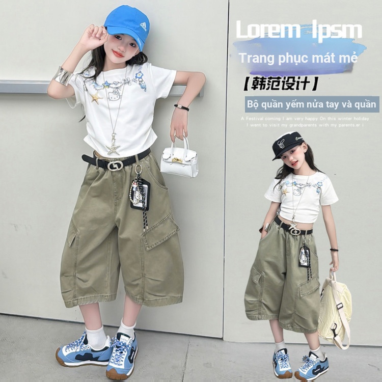 Quần yếm Cotton bé gái Mùa hè Phong cách mới Trẻ em Phiên bản Hàn Quốc Quần crop thời trang bỏ túi lớn