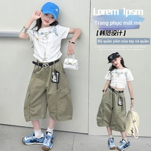 Quần yếm Cotton bé gái Mùa hè Phong cách mới Trẻ em Phiên bản Hàn Quốc Quần crop thời trang bỏ túi lớn