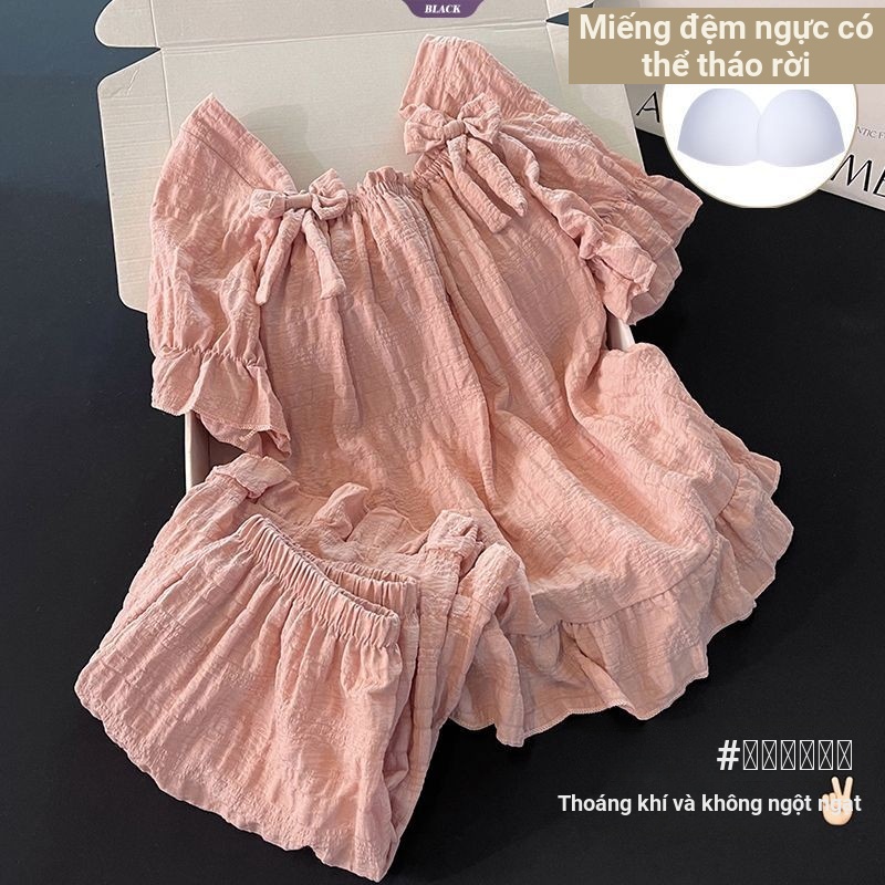 2025 Bộ Đồ Ngủ Mới Nữ Mùa Hè Nơ Hồng Ngọt Ngào Có Miếng Lót Áo Ngực Quần Short Tay Ngắn Sinh Viên Homewear Suit [BL]