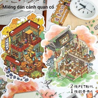 ENWEI 4 Chiếc [Dòng Cảnh Cổ] Phim Hoạt Hình 3D Chất Liệu Chống Thấm Nước Phong Cảnh Dán Cho Quán trọ Chủ Đề Tạp Chí Thêu Sò DIY Đồ Dùng Văn Phòng Phẩm
