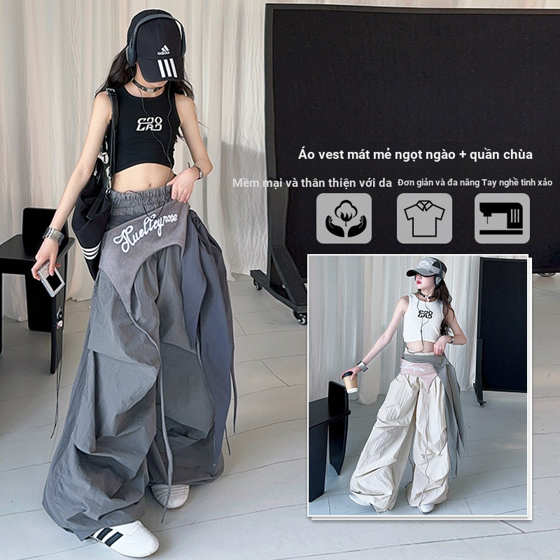 Bộ đồ mùa hè cho bé gái 2025 Phong cách mới Áo Vest ngắn cong cho trẻ em + Quần ống rộng Bộ đồ hai mảnh