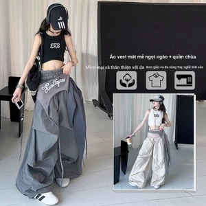 Bộ đồ mùa hè cho bé gái 2025 Phong cách mới Áo Vest ngắn cong cho trẻ em + Quần ống rộng Bộ đồ hai mảnh