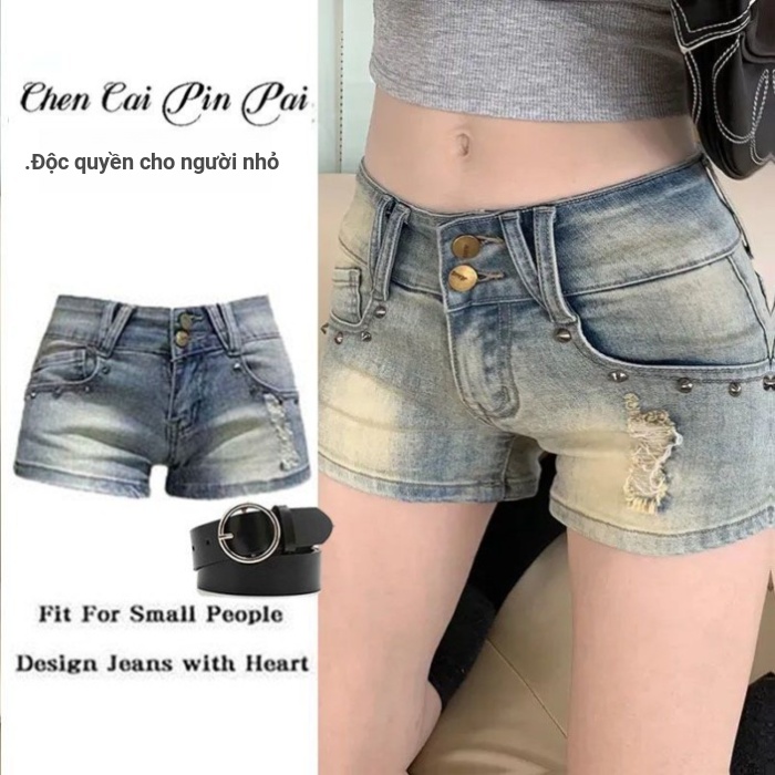Lan Quần Short Denim Retro Phù Hợp Xuân Hè, Thiết Kế Ôm EO Gọn Gàng