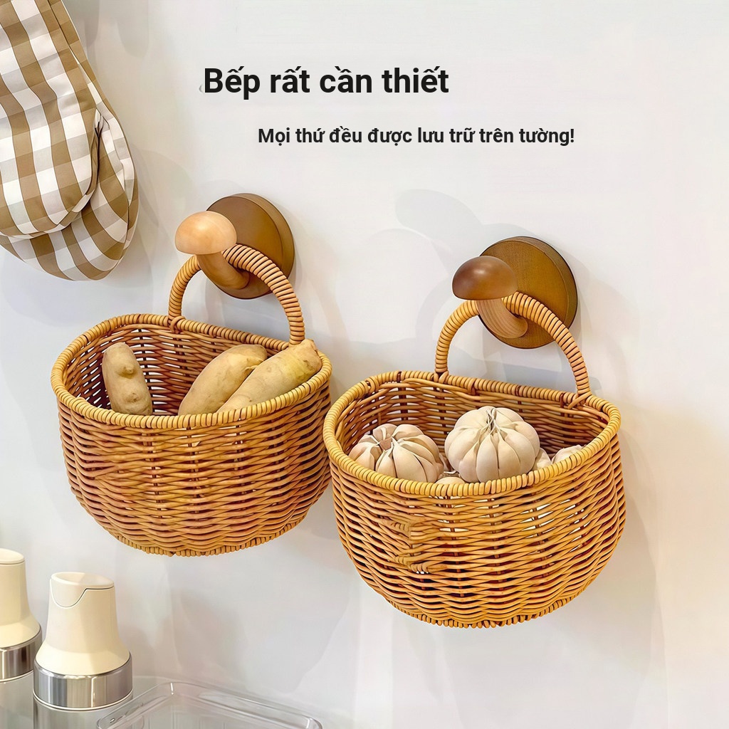 Giá để đồ nhà bếp treo tường cho vỏ sò Gừng và tỏi có móc và giỏ dệt