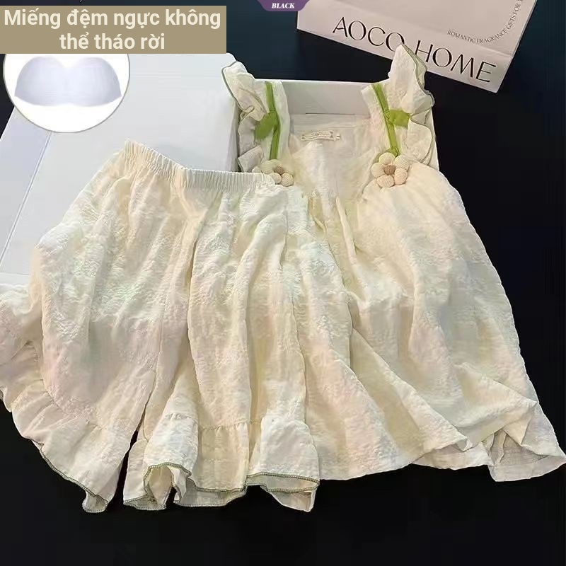 Mùa Hè Mới Với Đệm Bộ Đồ Ngủ Nữ Lập Thể Hoa Quần Short Không Tay Homewear Suit [BL]