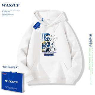 Áo hoodie WASSUP, áo hoodie có mũ với họa tiết gấu, 100% cotton, dáng rộng, unisex