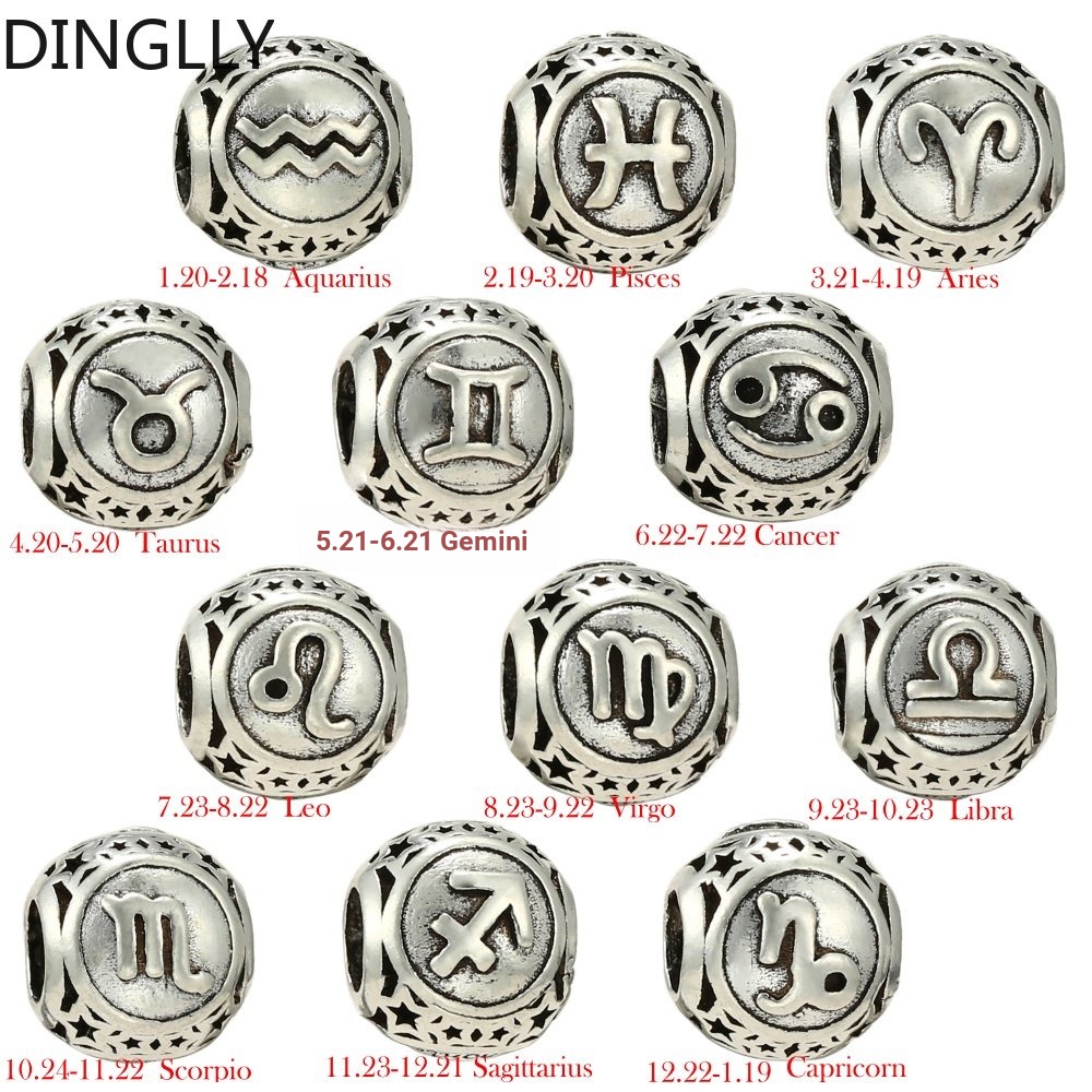Hạt Charm Tròn 12 Cung Hoàng Đạo Màu Sắc Bạc Làm Trang Sức Diy