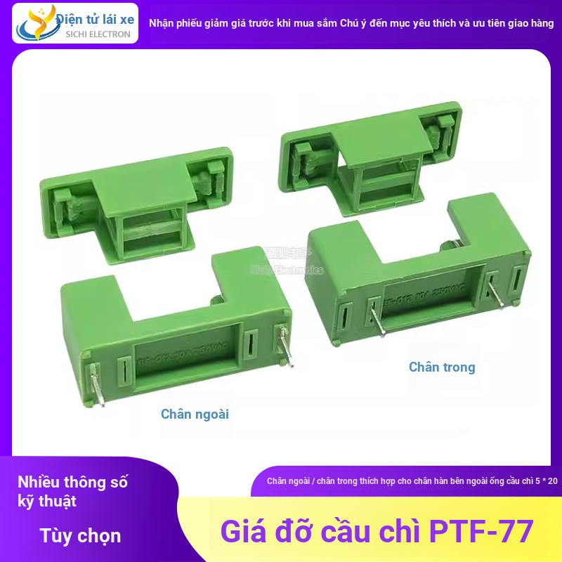 Giá đỡ cầu chì PTF-77 / 78 / 76 5 * 20MM Cầu chì màu xanh lá cây có nắp Pin ngoài 22MM Pin bên trong 15