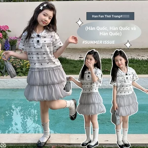Bé Gái Phiên Bản Hàn Quốc Đầm Thời Trang Mùa Hè 2026 Phong Cách Mới Trẻ Em Ren Khâu Ve Áo Tay Ngắn Đầm Công Chúa