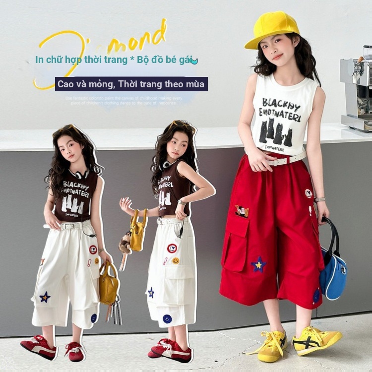 Bé Gái Retro Ngôi Sao Thêu Cotton Crop Quần Mùa Hè 2026 Phong Cách Mới Trẻ Em Nhiều Túi Giữa Quần
