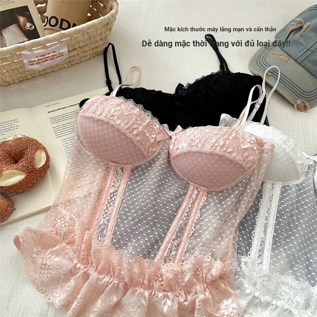 Xương Cá Ống Top Vest Có Miếng Lót Ngực Cô Gái Có Phối Cảnh Gợi Cảm Chấm Bi Lông Tơ Ren Ngọt Ngào Sling