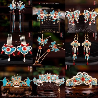1 Cặp Kẹp tóc màu xanh phong cách Hanfu như vương miện