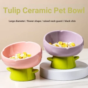 Gốm Mèo Bát Tulip Thú Cưng Bát Chó Bảo Vệ Cổ Chuyên Dụng Hoa Dễ Thương Cho Mèo Bát Thức Ăn Bát Thực Phẩm